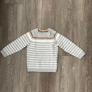Striped Gray and White Sweater with Brown Detail